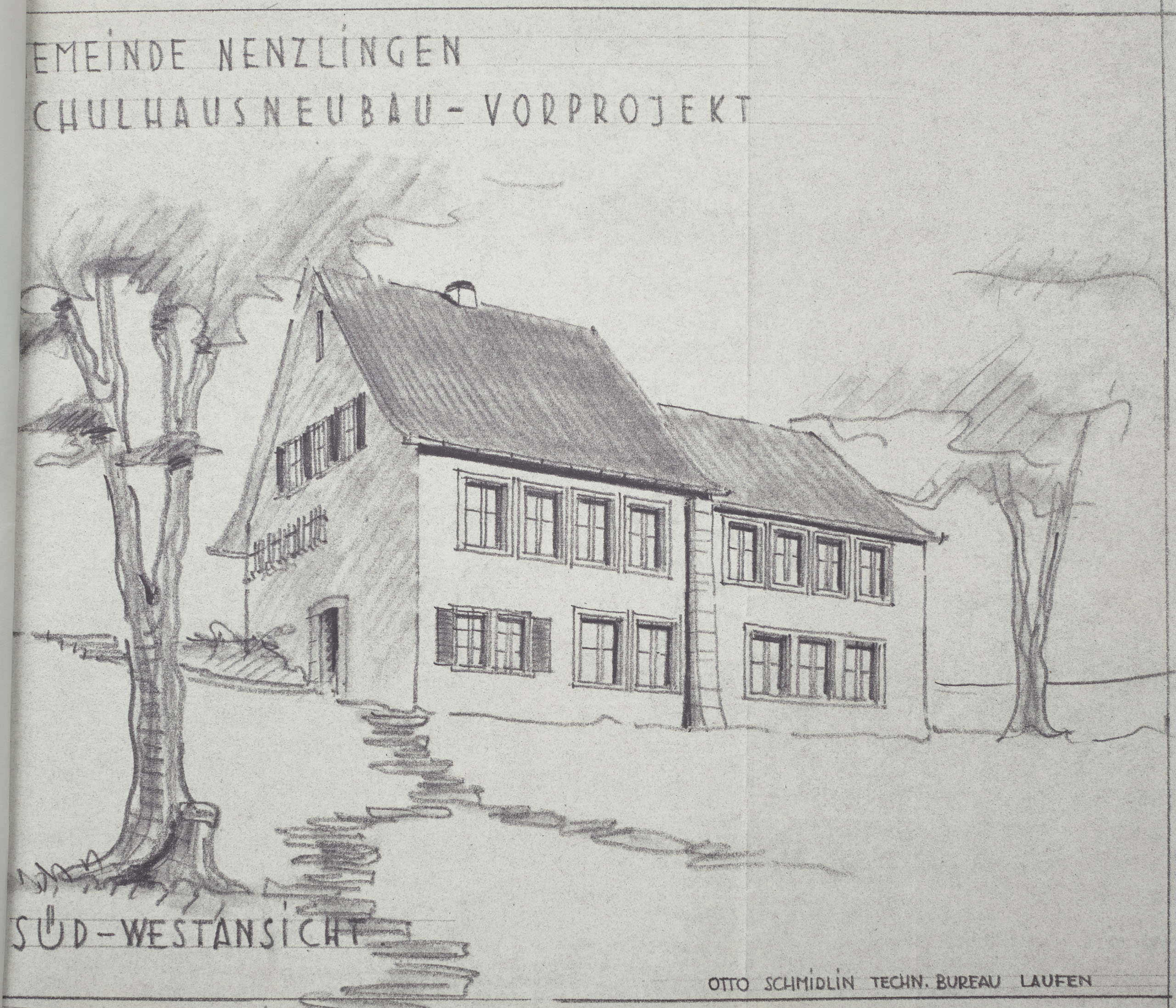 Südwest-Ansicht des projektierten Schulhauses für Nenzlingen
